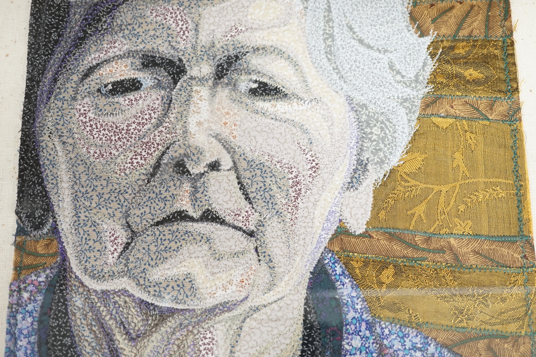 Deidre Scherer (American), needlework panel, 'Finding, Septemer 1994', signed and dated 1994 verso, 27 x 24.5cm